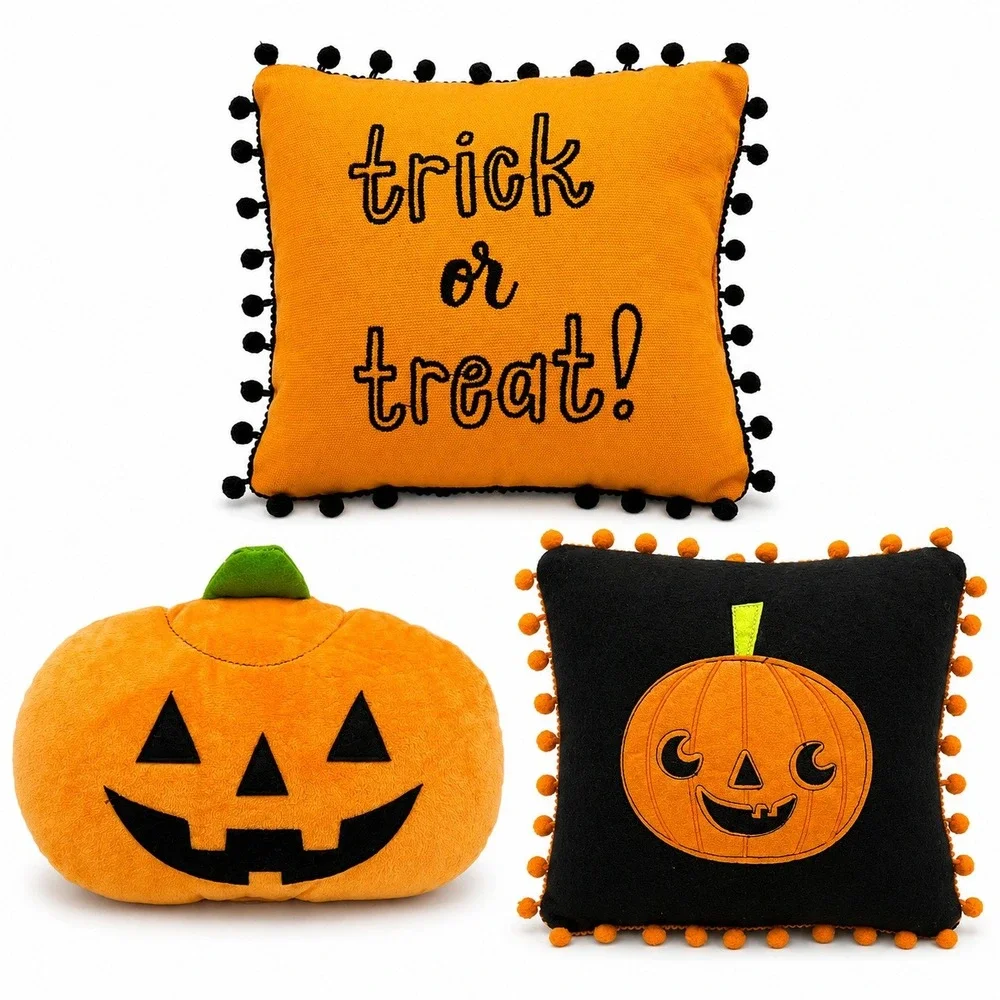 Double Nice Co Halloween Decorative Pillow Set 3pc OS Orange Black Brand New Pom